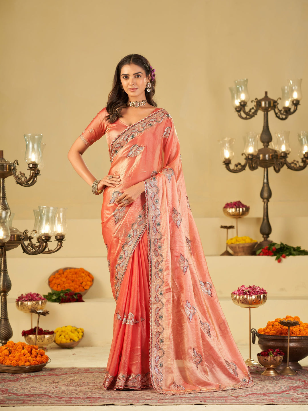 Coral Peach Designer Fendy Satin Saree with Floral Embroidered Border & Elegant Thread Work | Premium Festive Party Wear Saree