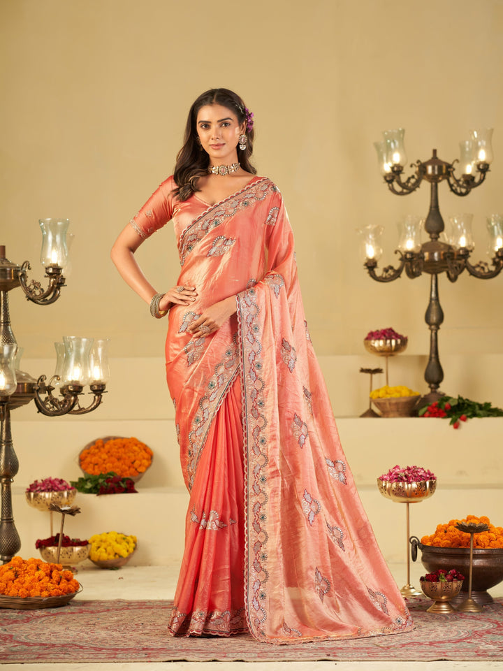 Coral Peach Designer Fendy Satin Saree with Floral Embroidered Border & Elegant Thread Work | Premium Festive Party Wear Saree