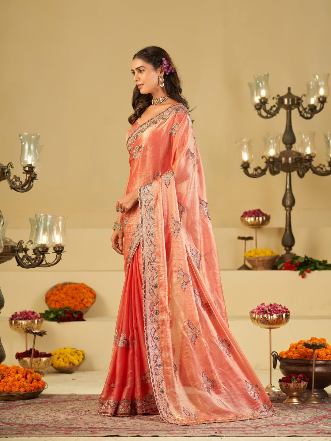 Coral Peach Designer Fendy Satin Saree with Floral Embroidered Border & Elegant Thread Work | Premium Festive Party Wear Saree