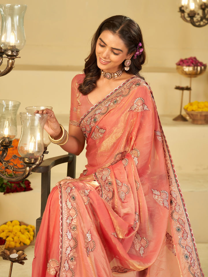 Coral Peach Designer Fendy Satin Saree with Floral Embroidered Border & Elegant Thread Work | Premium Festive Party Wear Saree