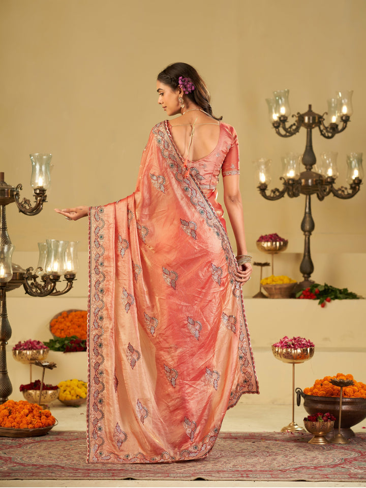 Coral Peach Designer Fendy Satin Saree with Floral Embroidered Border & Elegant Thread Work | Premium Festive Party Wear Saree