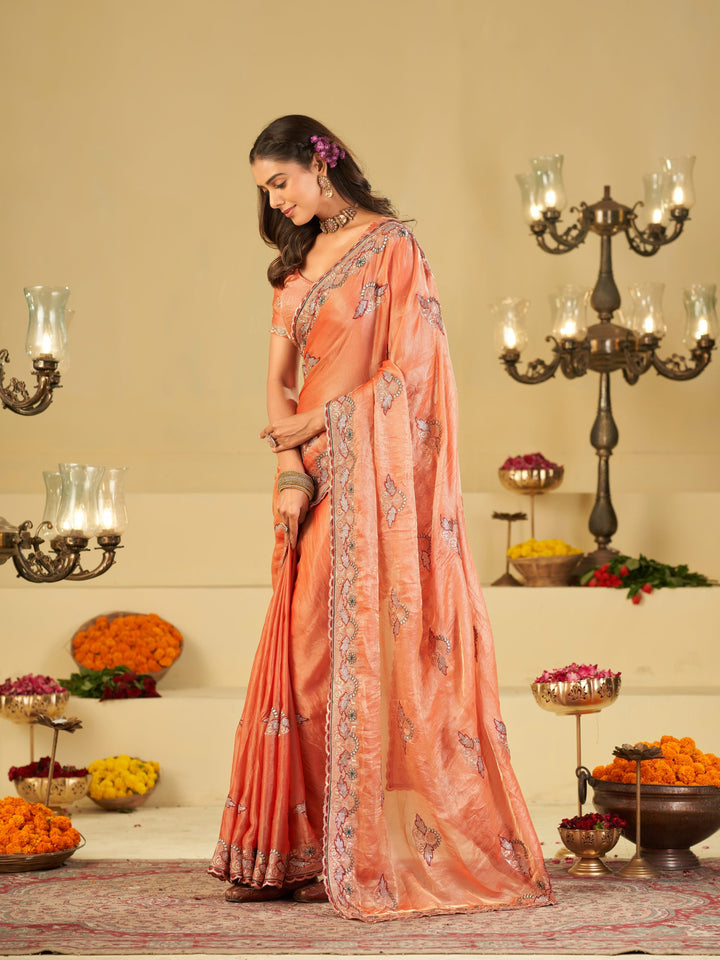 Peach Designer Fendy Satin Saree with Floral Embroidered Border & Elegant Thread Work | Premium Festive Party Wear Saree