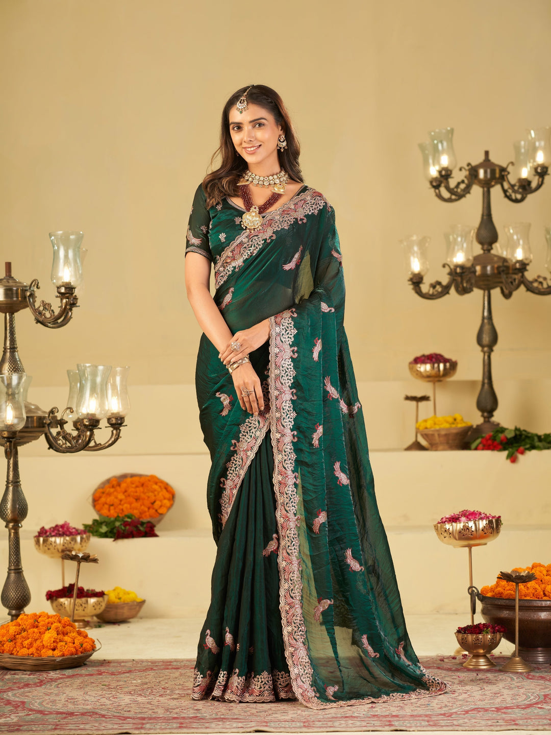 Emerald Green Designer Fendy Satin Saree with Peacock Embroidery & Heavy Embroidered Border | Premium Festive Party Wear Saree