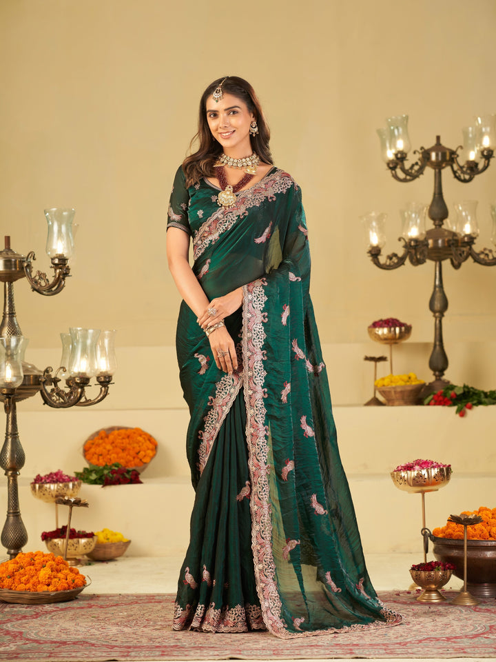 Emerald Green Designer Fendy Satin Saree with Peacock Embroidery & Heavy Embroidered Border | Premium Festive Party Wear Saree