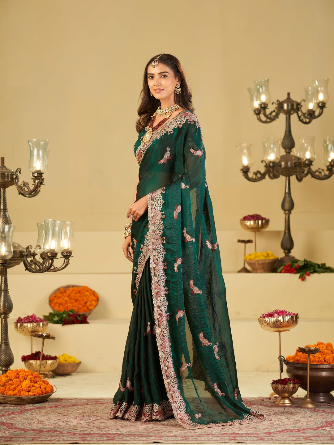 Emerald Green Designer Fendy Satin Saree with Peacock Embroidery & Heavy Embroidered Border | Premium Festive Party Wear Saree