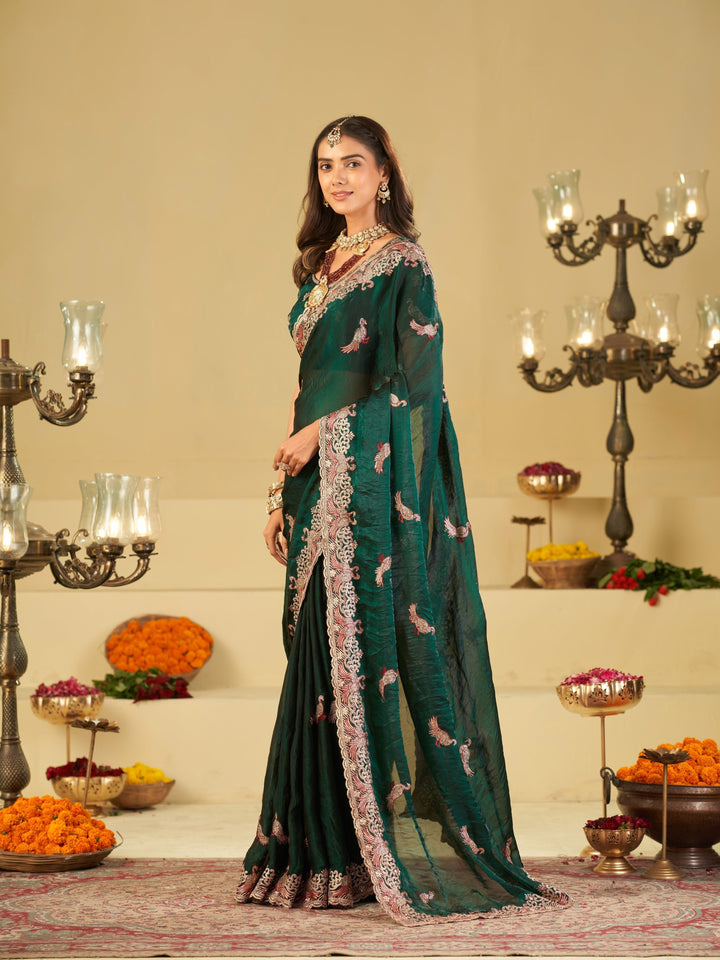 Emerald Green Designer Fendy Satin Saree with Peacock Embroidery & Heavy Embroidered Border | Premium Festive Party Wear Saree