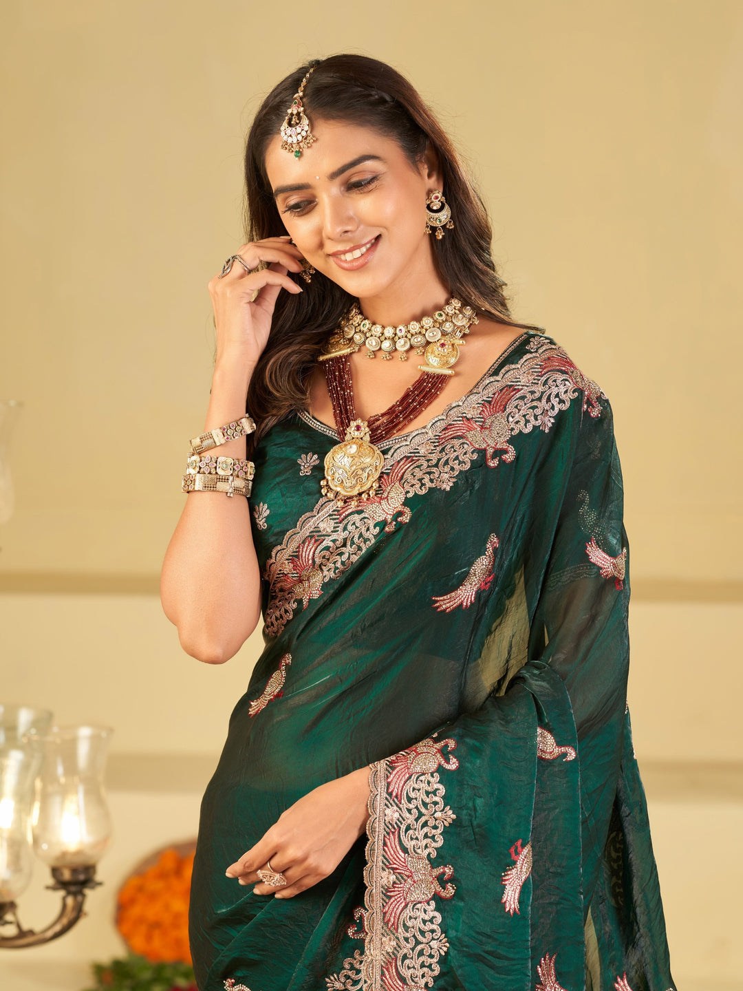 Emerald Green Designer Fendy Satin Saree with Peacock Embroidery & Heavy Embroidered Border | Premium Festive Party Wear Saree