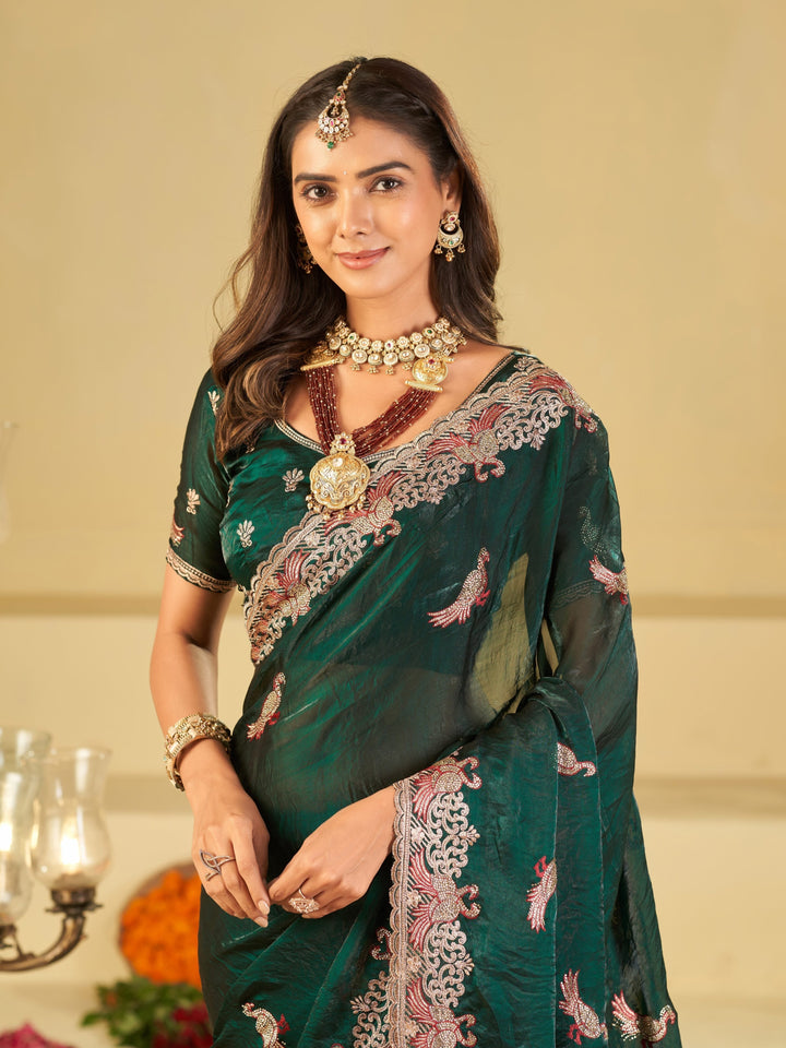 Emerald Green Designer Fendy Satin Saree with Peacock Embroidery & Heavy Embroidered Border | Premium Festive Party Wear Saree