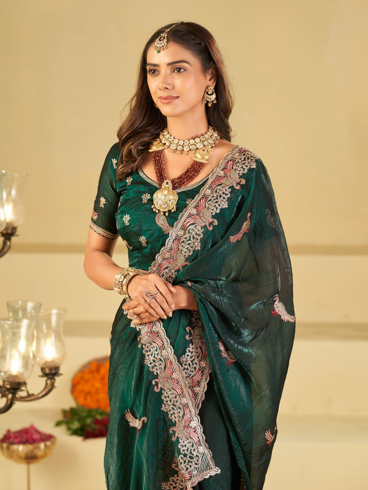Emerald Green Designer Fendy Satin Saree with Peacock Embroidery & Heavy Embroidered Border | Premium Festive Party Wear Saree