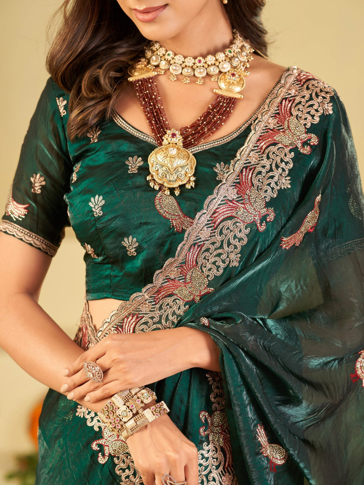 Emerald Green Designer Fendy Satin Saree with Peacock Embroidery & Heavy Embroidered Border | Premium Festive Party Wear Saree