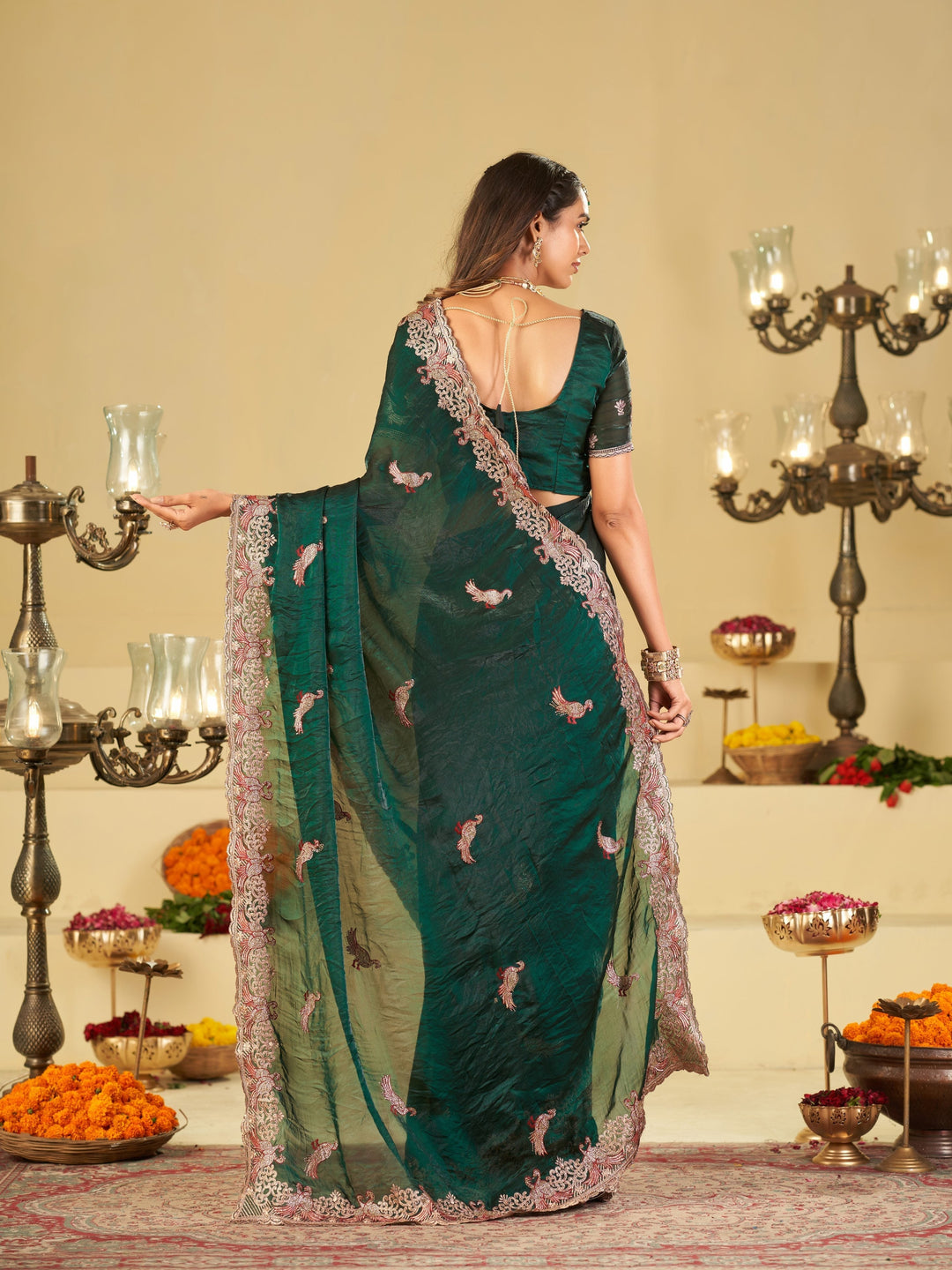 Emerald Green Designer Fendy Satin Saree with Peacock Embroidery & Heavy Embroidered Border | Premium Festive Party Wear Saree