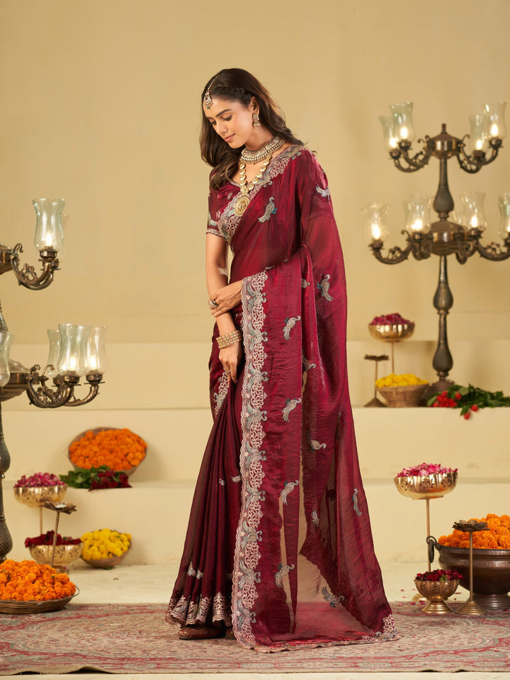 Maroon Designer Fendy Satin Saree with Peacock Embroidery & Heavy Embroidered Border | Premium Festive Wedding Wear Saree
