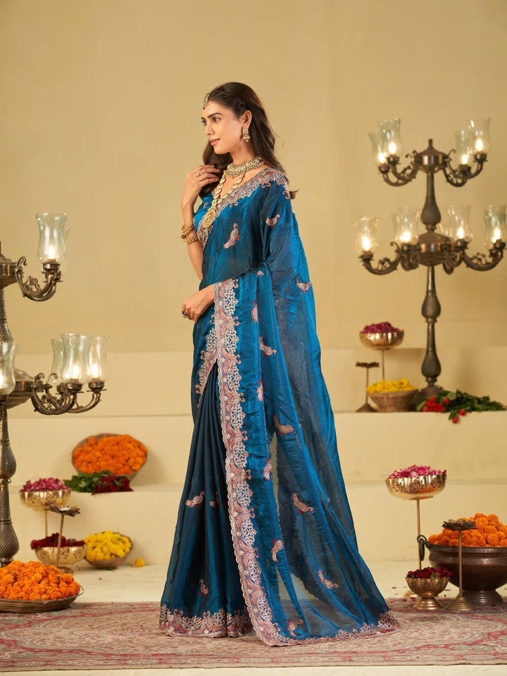 Royal Blue Designer Fendy Satin Saree with Peacock Embroidery & Heavy Embroidered Border | Premium Festive Wedding Wear Saree