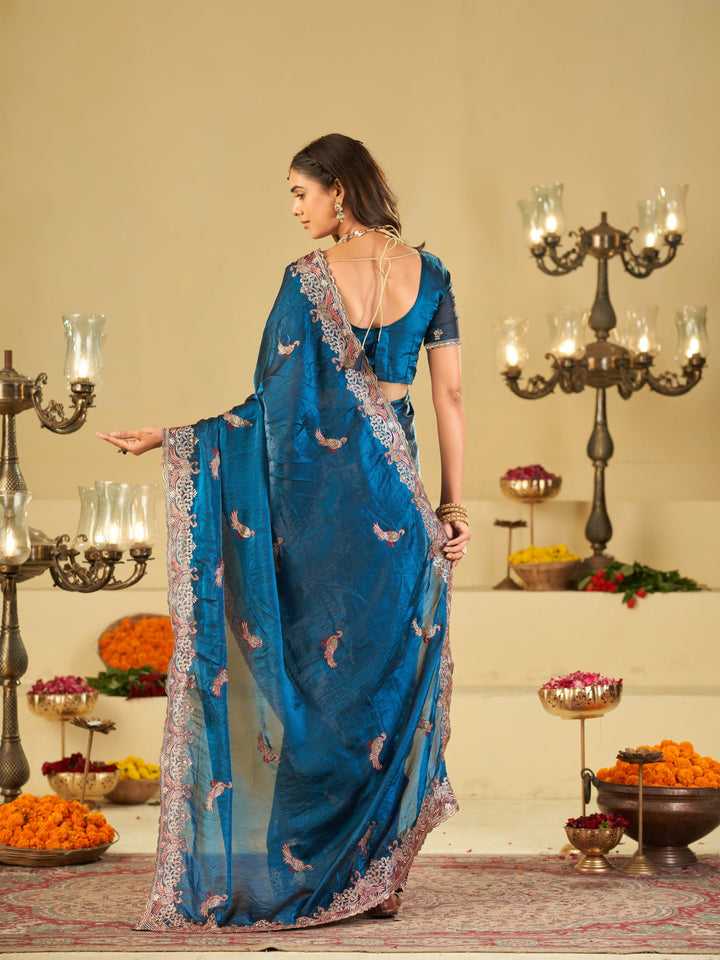Royal Blue Designer Fendy Satin Saree with Peacock Embroidery & Heavy Embroidered Border | Premium Festive Wedding Wear Saree