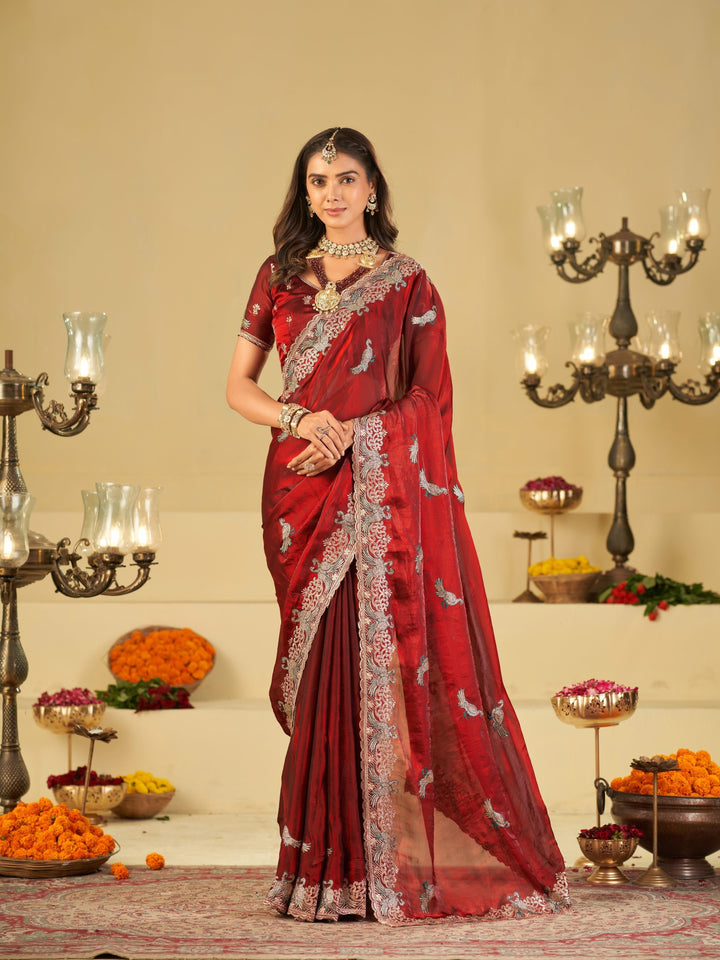Wine Red Designer Fendy Satin Saree with Peacock Embroidery & Heavy Floral Embroidered Border | Premium Wedding Festive Wear Saree