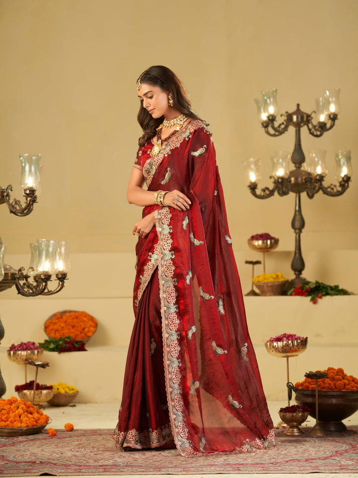 Wine Red Designer Fendy Satin Saree with Peacock Embroidery & Heavy Floral Embroidered Border | Premium Wedding Festive Wear Saree