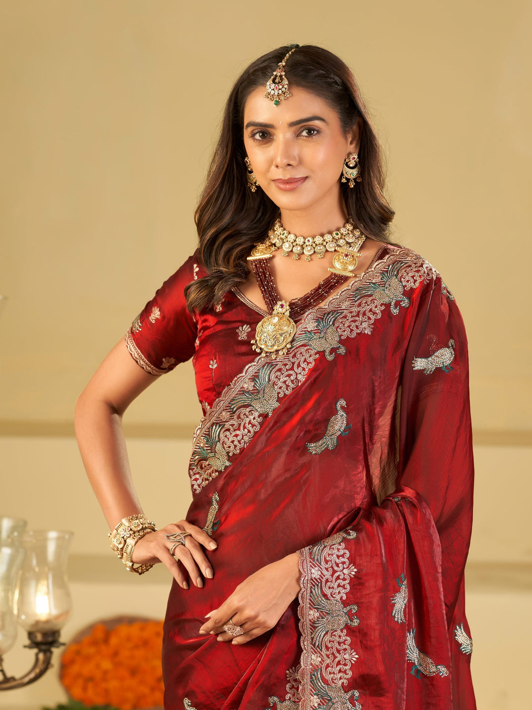 Wine Red Designer Fendy Satin Saree with Peacock Embroidery & Heavy Floral Embroidered Border | Premium Wedding Festive Wear Saree