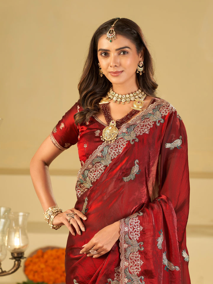 Wine Red Designer Fendy Satin Saree with Peacock Embroidery & Heavy Floral Embroidered Border | Premium Wedding Festive Wear Saree