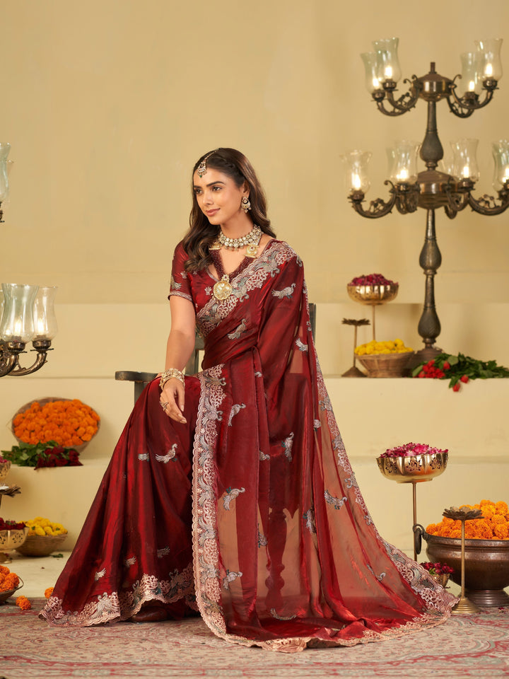 Wine Red Designer Fendy Satin Saree with Peacock Embroidery & Heavy Floral Embroidered Border | Premium Wedding Festive Wear Saree
