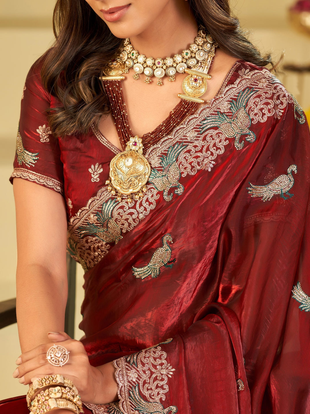Wine Red Designer Fendy Satin Saree with Peacock Embroidery & Heavy Floral Embroidered Border | Premium Wedding Festive Wear Saree