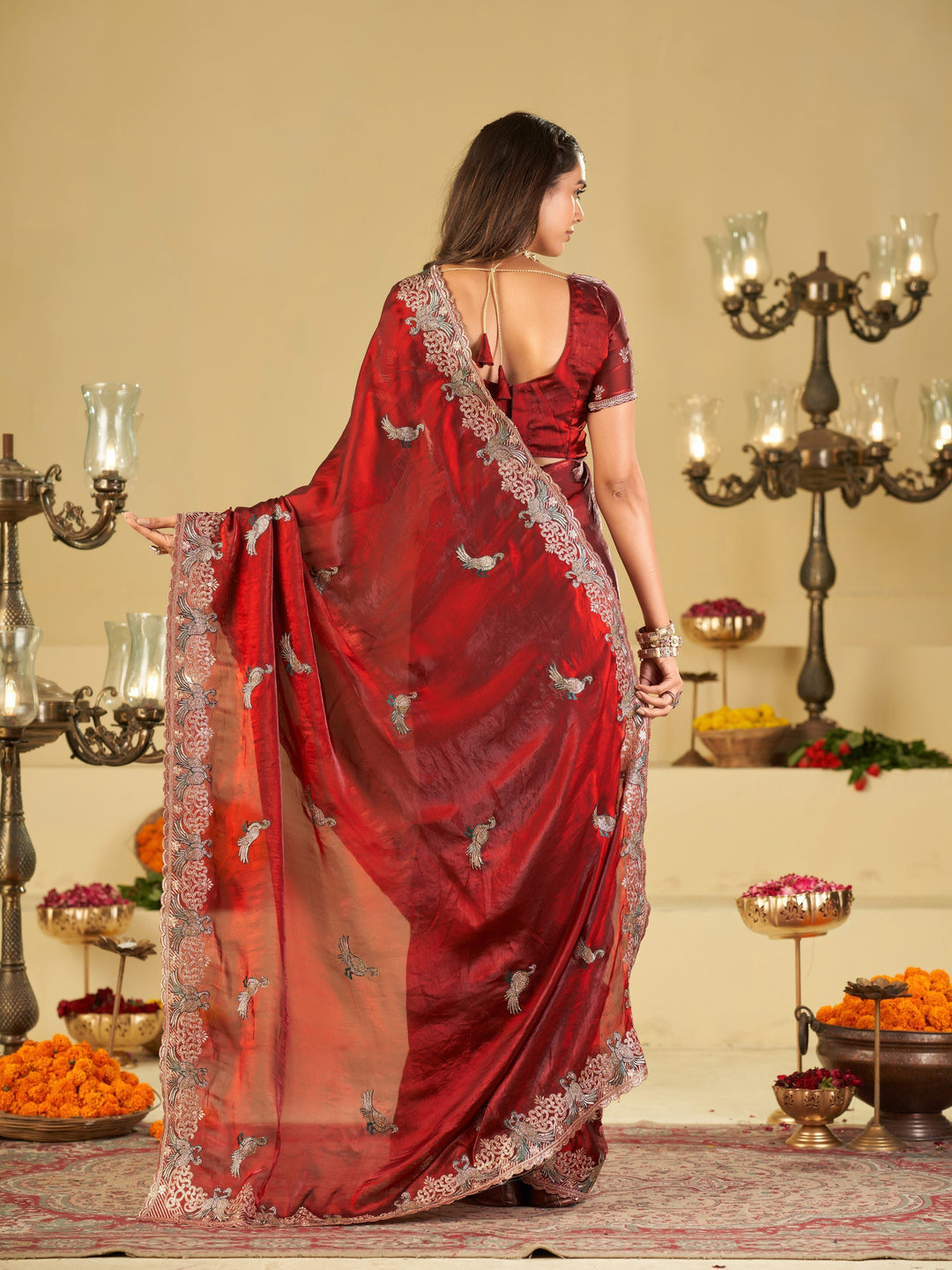Wine Red Designer Fendy Satin Saree with Peacock Embroidery & Heavy Floral Embroidered Border | Premium Wedding Festive Wear Saree