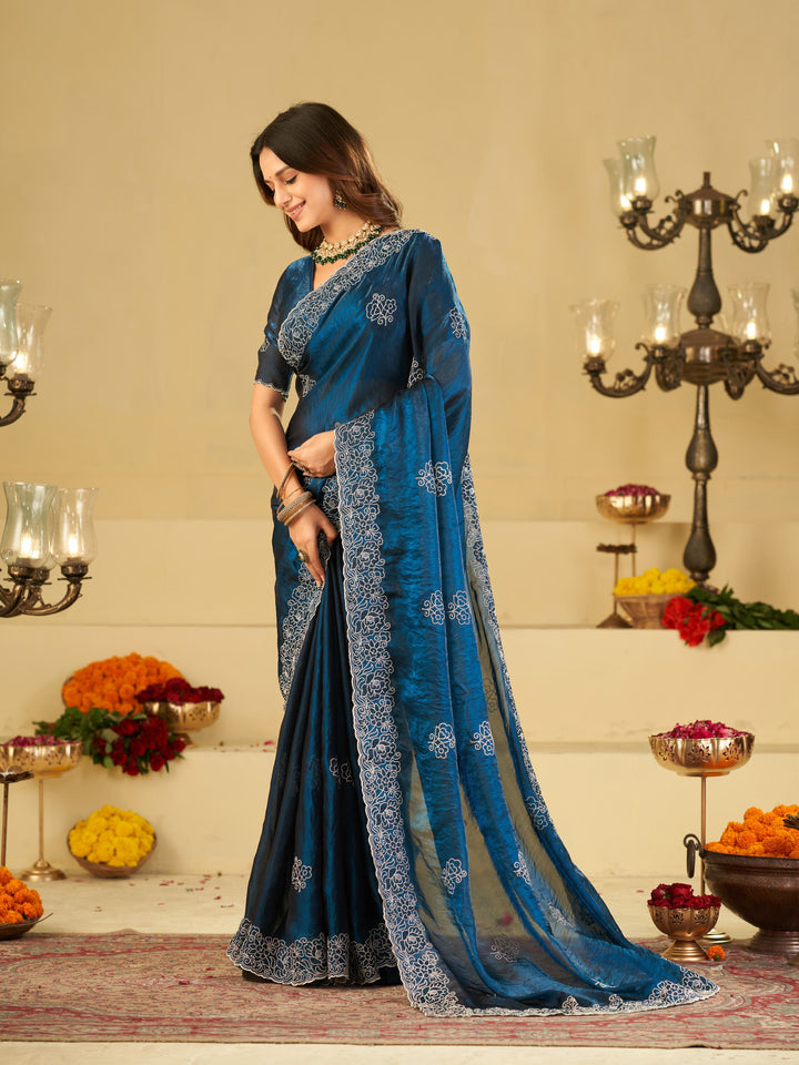 Royal Blue Fendy Satin Saree with White Floral Embroidery Border | Designer Party Wear Saree with Embroidered Blouse