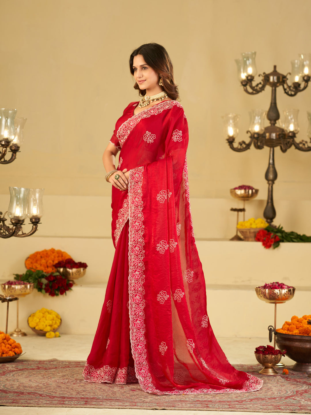 Bright Red Fendy Satin Saree with White Floral Embroidery Border | Designer Festive Party Wear Saree with Blouse