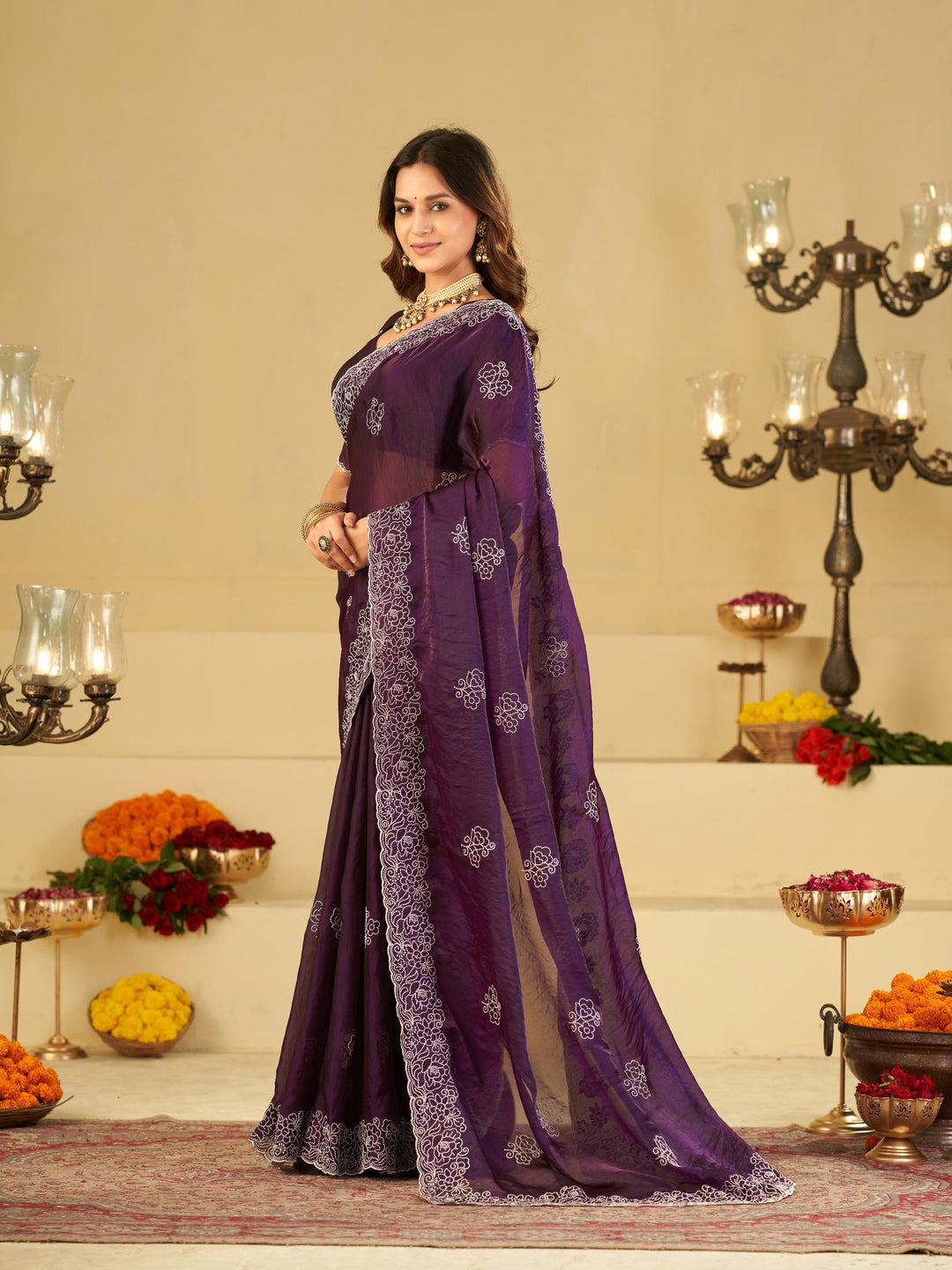 Royal Purple Fendy Satin Saree with White Floral Embroidery Border | Elegant Designer Party Wear Saree with Blouse