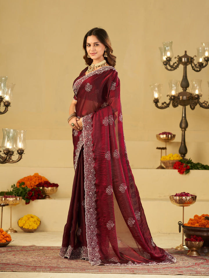 Wine Red Fendy Satin Saree with White Floral Embroidery Border | Designer Festive Wear Saree with Embroidered Blouse
