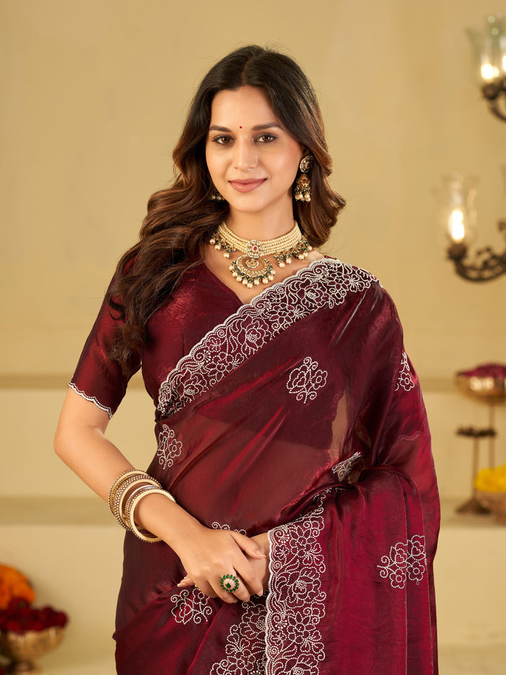 Wine Red Fendy Satin Saree with White Floral Embroidery Border | Designer Festive Wear Saree with Embroidered Blouse