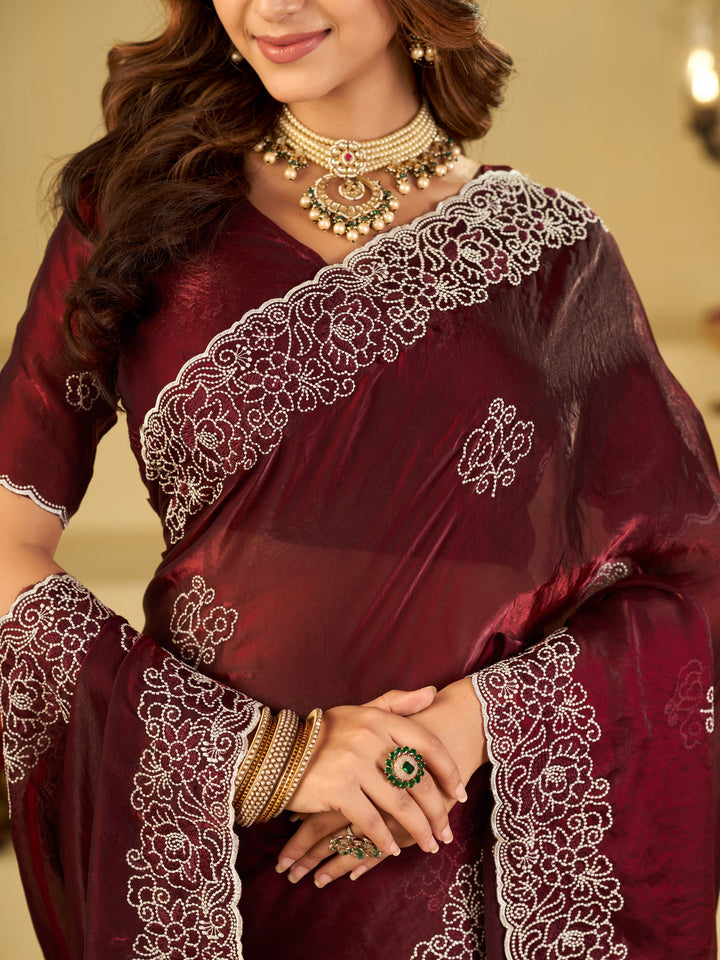 Wine Red Fendy Satin Saree with White Floral Embroidery Border | Designer Festive Wear Saree with Embroidered Blouse