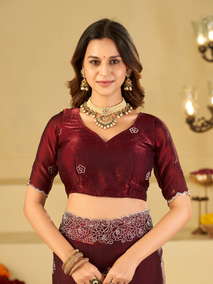 Wine Red Fendy Satin Saree with White Floral Embroidery Border | Designer Festive Wear Saree with Embroidered Blouse