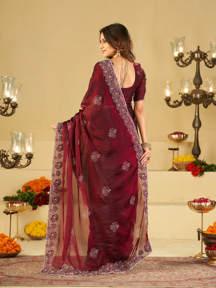 Wine Red Fendy Satin Saree with White Floral Embroidery Border | Designer Festive Wear Saree with Embroidered Blouse
