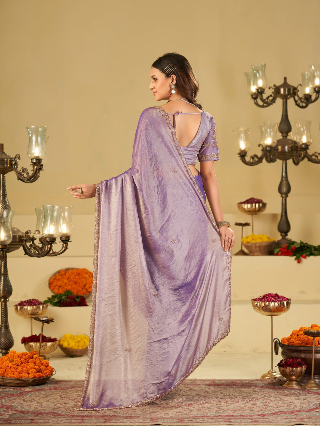 Lavender Designer Fendy Satin Saree with Heavy Embroidered Blouse & Sequin Border | Premium Wedding & Festive Wear Saree