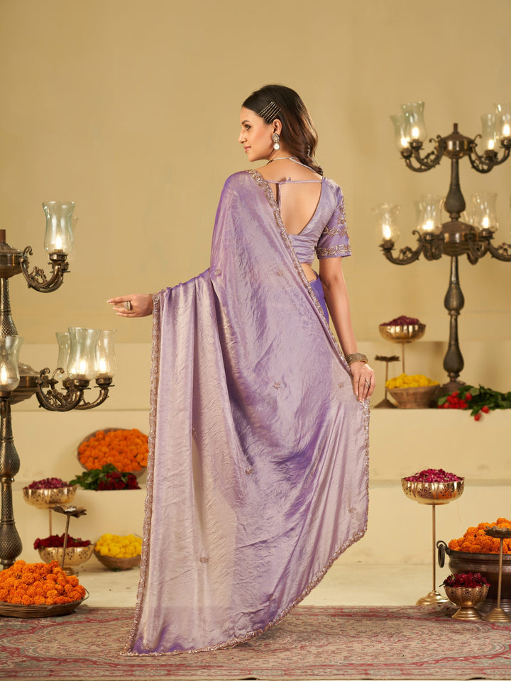 Lavender Designer Fendy Satin Saree with Heavy Embroidered Blouse & Sequin Border | Premium Wedding & Festive Wear Saree