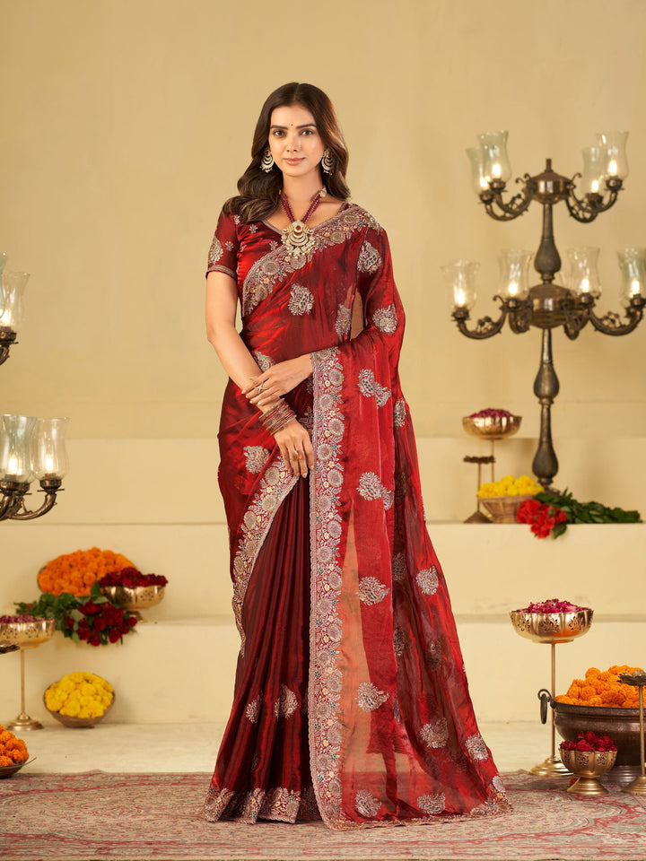 Wine Red Designer Fendy Satin Saree with Heavy Floral Embroidery Work | Premium Wedding & Festive Wear Embroidered Saree with Blouse
