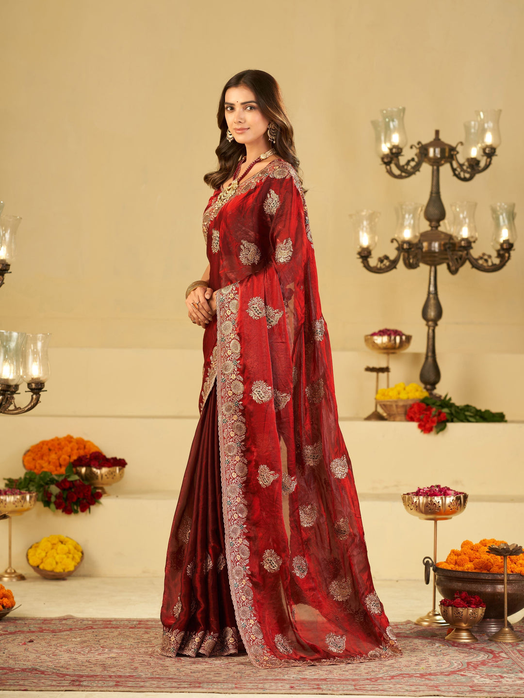 Wine Red Designer Fendy Satin Saree with Heavy Floral Embroidery Work | Premium Wedding & Festive Wear Embroidered Saree with Blouse