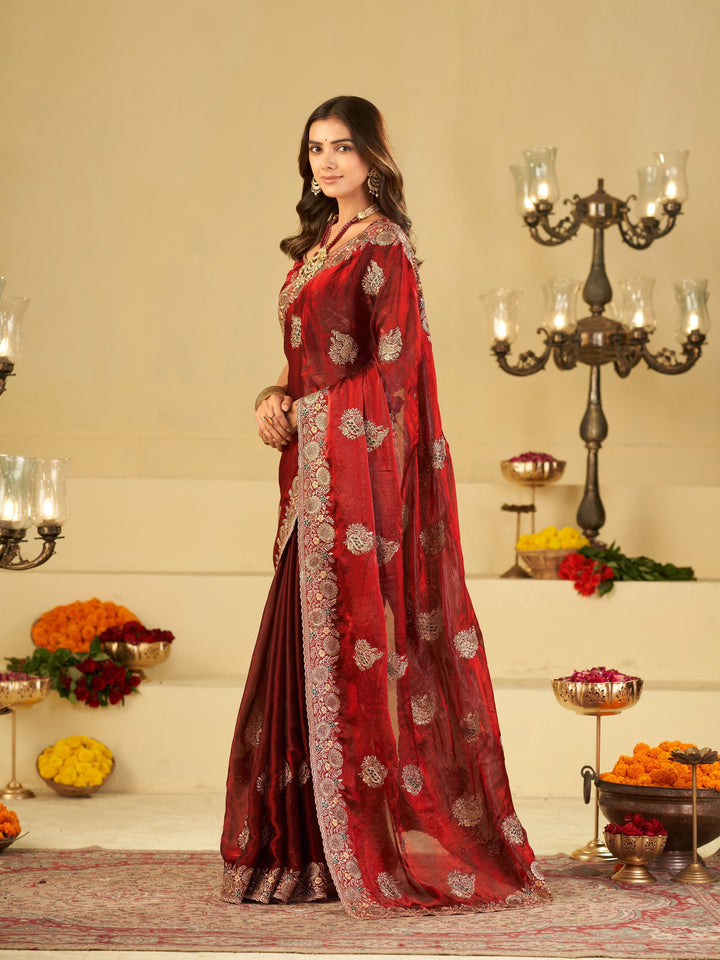 Wine Red Designer Fendy Satin Saree with Heavy Floral Embroidery Work | Premium Wedding & Festive Wear Embroidered Saree with Blouse