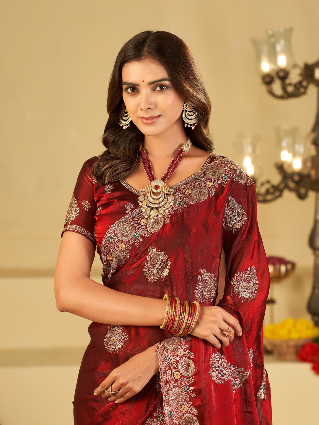 Wine Red Designer Fendy Satin Saree with Heavy Floral Embroidery Work | Premium Wedding & Festive Wear Embroidered Saree with Blouse