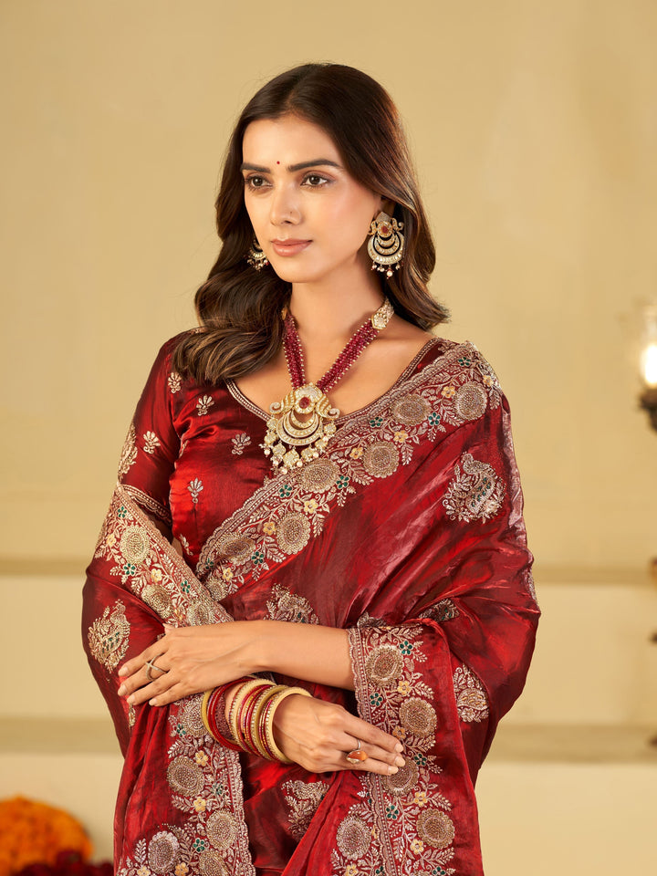Wine Red Designer Fendy Satin Saree with Heavy Floral Embroidery Work | Premium Wedding & Festive Wear Embroidered Saree with Blouse