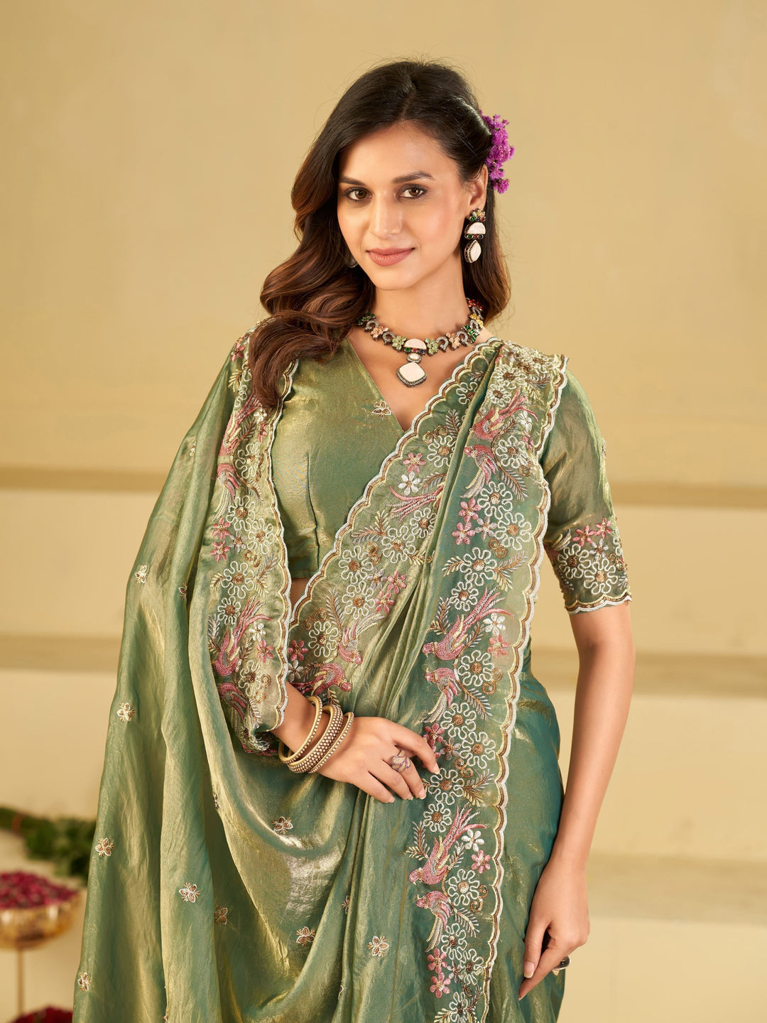 Sage Green Fendy Satin Saree with Floral Embroidery Border | Designer Party Wear Embroidered Saree with Blouse