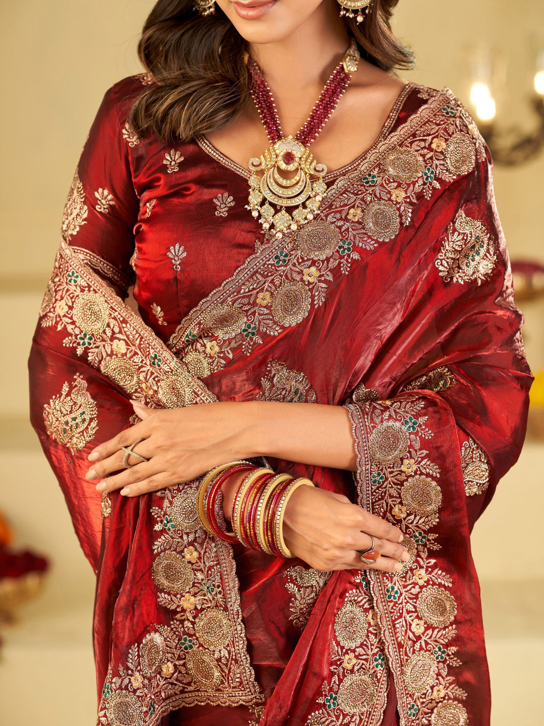 Wine Red Designer Fendy Satin Saree with Heavy Floral Embroidery Work | Premium Wedding & Festive Wear Embroidered Saree with Blouse