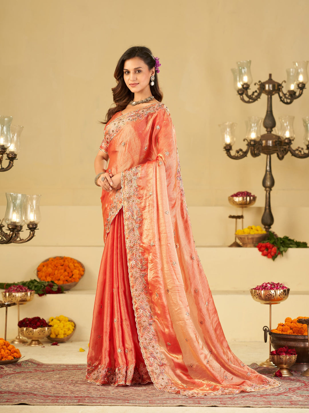 Peach Pink Fendy Satin Saree with Floral Embroidery Border | Designer Embroidered Party Wear Saree with Blouse