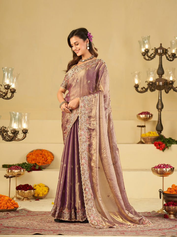 Lavender Purple Fendy Satin Saree with Floral Embroidery Border | Designer Party Wear Embroidered Saree with Blouse