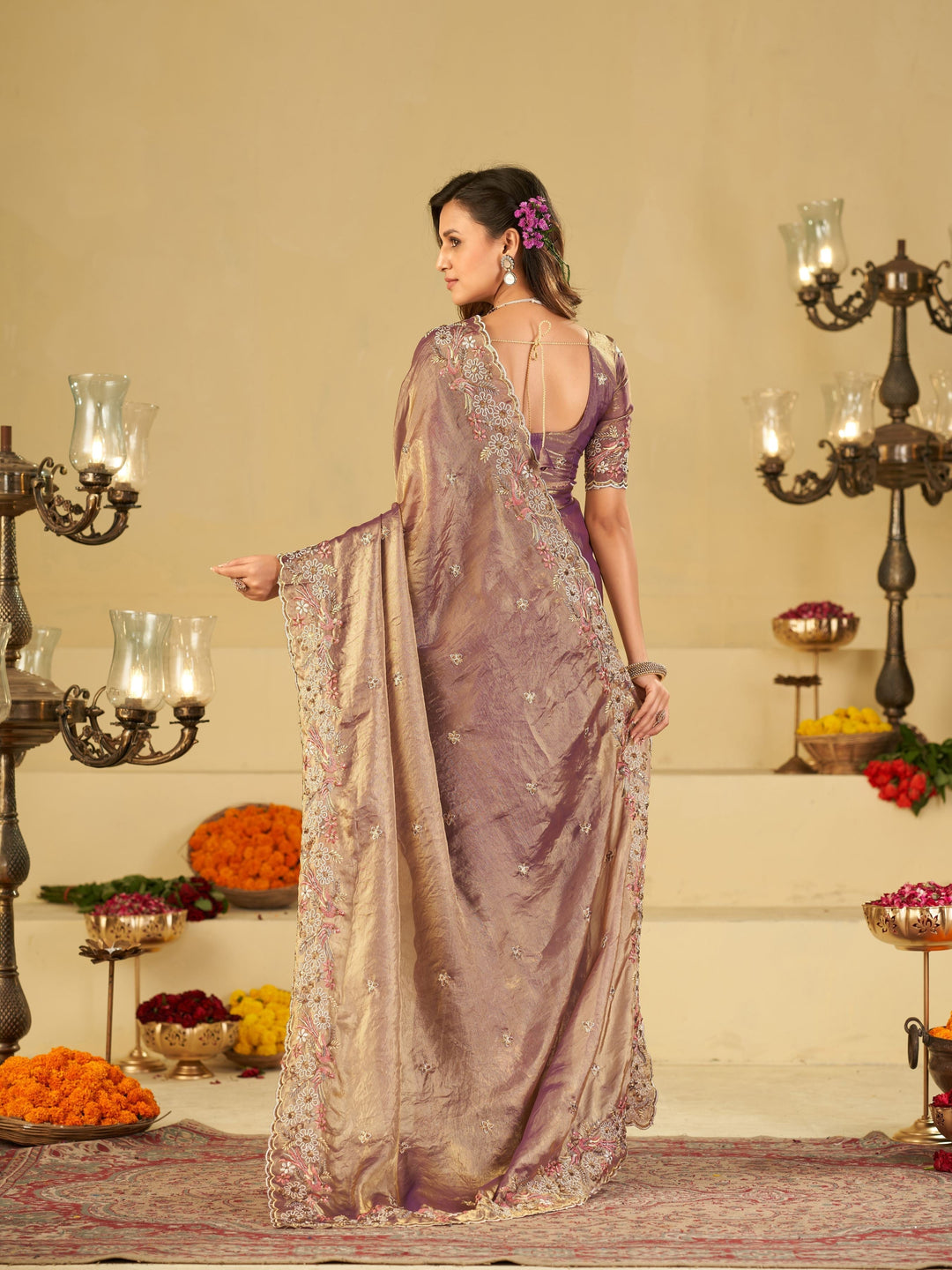 Lavender Purple Fendy Satin Saree with Floral Embroidery Border | Designer Party Wear Embroidered Saree with Blouse