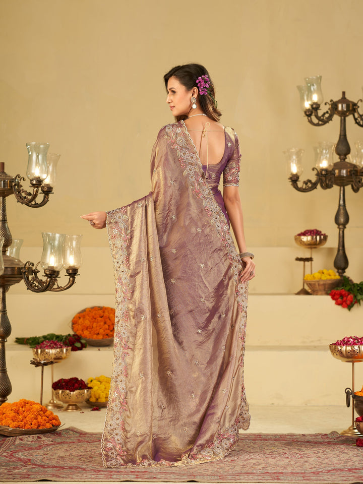 Lavender Purple Fendy Satin Saree with Floral Embroidery Border | Designer Party Wear Embroidered Saree with Blouse
