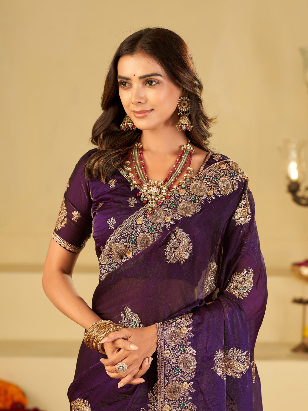 Royal Purple Designer Fendy Satin Saree with Heavy Floral Embroidery Work | Premium Wedding & Party Wear Embroidered Saree with Blouse