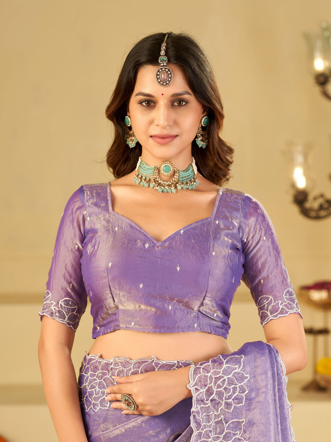Lavender Fendy Satin Saree with White Floral Embroidery Border | Elegant Designer Party Wear Saree with Blouse