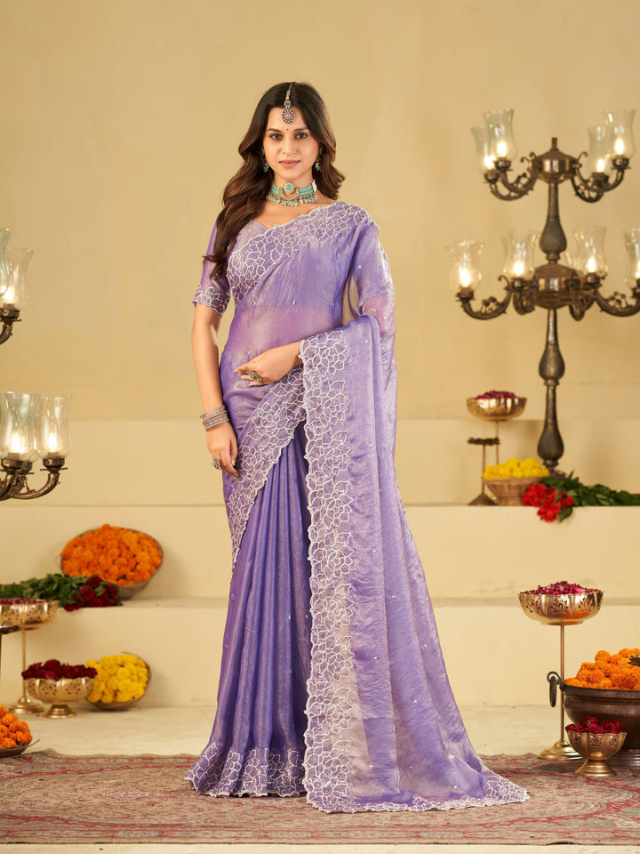 Lavender Fendy Satin Saree with White Floral Embroidery Border | Elegant Designer Party Wear Saree with Blouse