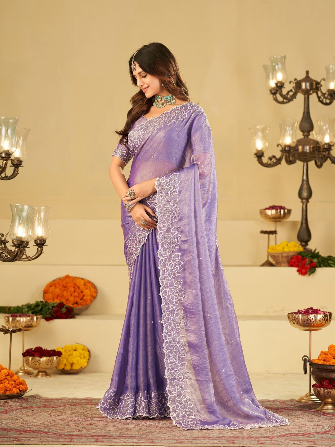 Lavender Fendy Satin Saree with White Floral Embroidery Border | Elegant Designer Party Wear Saree with Blouse